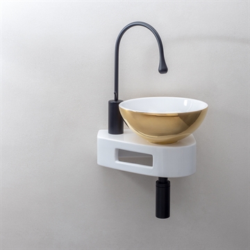 Lille håndvask i super eksklusivt design med guldbelægning og konsol i hvid porcelæn